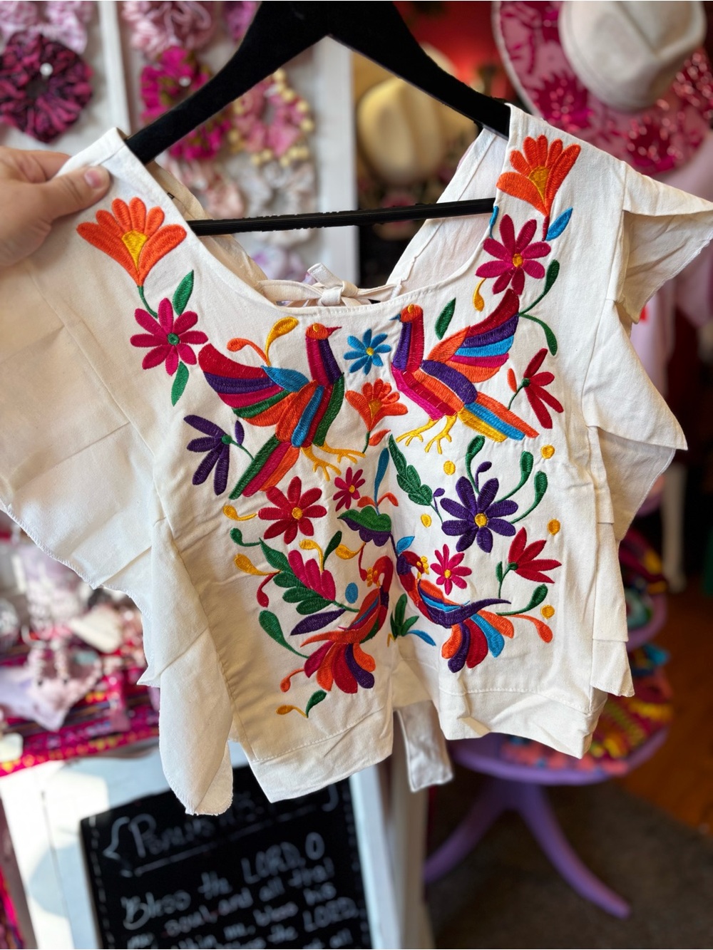 White Embroidered Flutter-Sleeve Blouse with Colorful Floral & Bird Motif